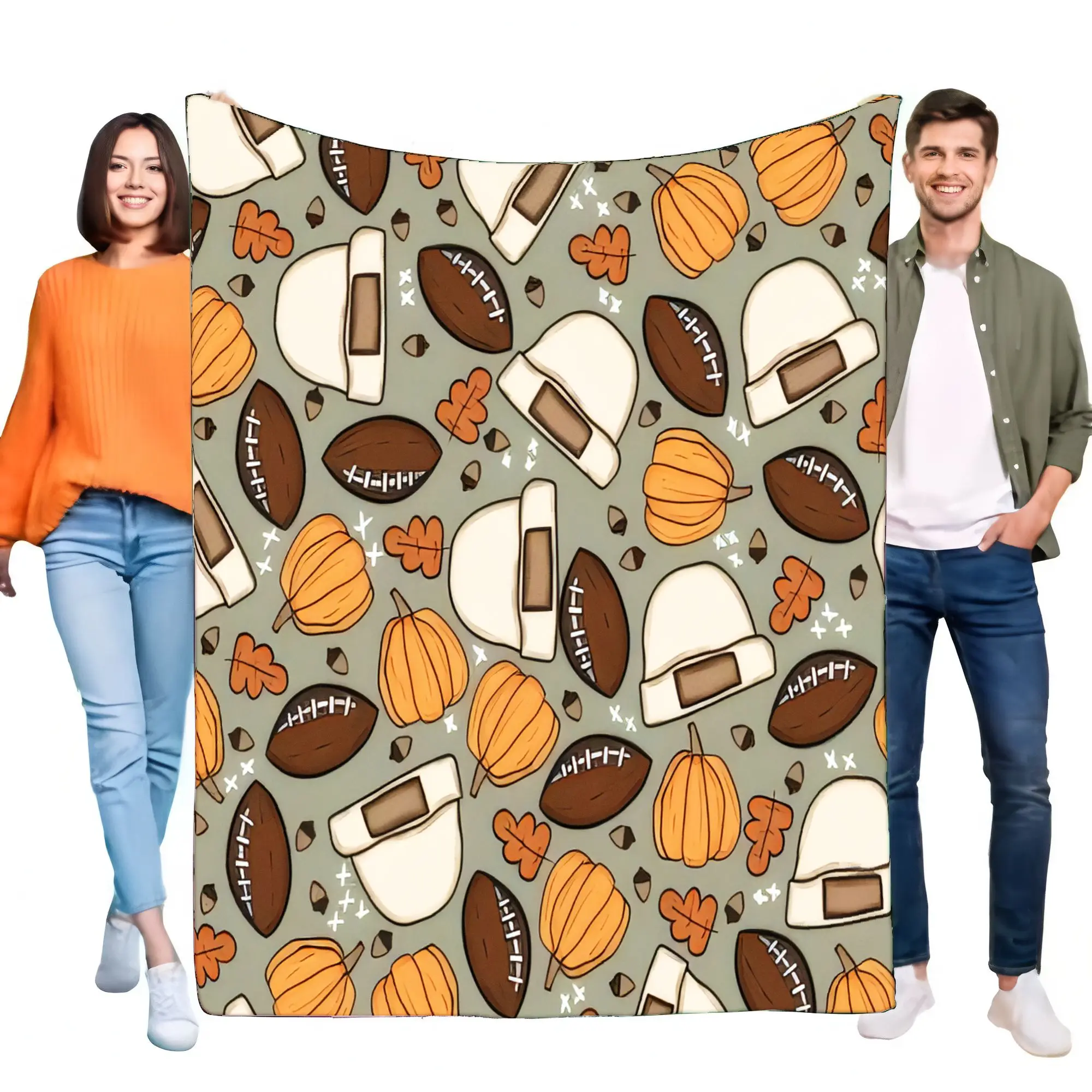 Cozy Fall Football Blanket Soft Throw for Home Decor, Lightweight Sofa Cover with Autumn Leaves and Pumpkins, Perfect Gift for S