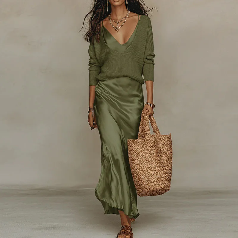 Elegant V Neck Slim Office Two Piece Sets 2026 Spring Long Sleeve Loose Knit Sweater Outfit Summer Sleeveless Satin Women's Suit view 2