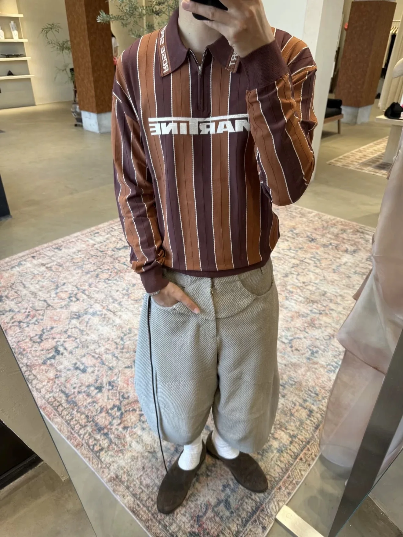 

Martine Rose Brown Striped Knitted Collar Sweater Half Zip Long Sleeve Vintage Commute Men's Cotton Polyester Sweatshirt