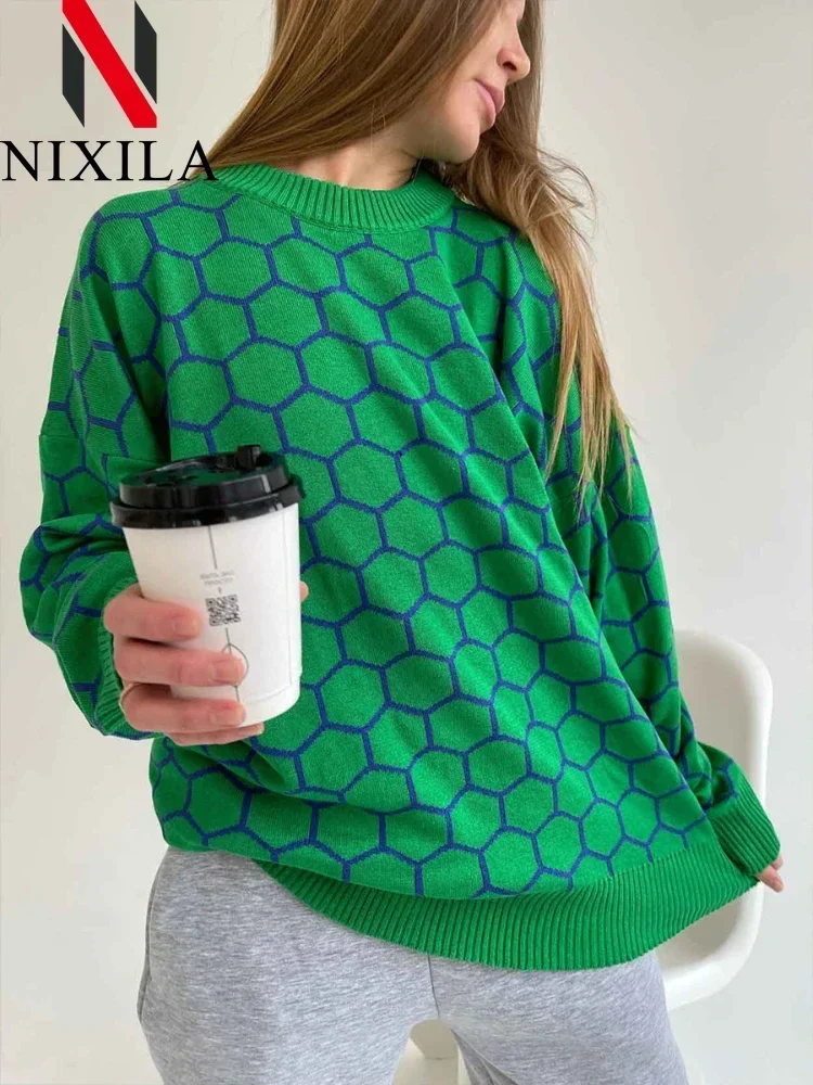 

New in Autumn Winter Knit Elegant Sweaters for Women Long Sleeve Tops Casual Geometric Printed Pullover Loose Jumper Clothing