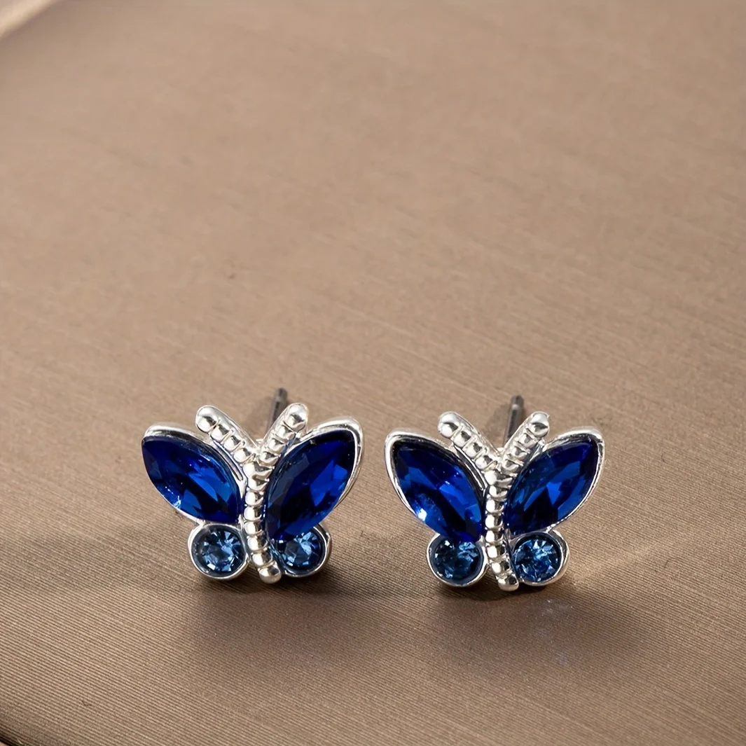 Luxury Fashion Trend Inlaid Blue Zircon Butterfly Shape Earrings for Women Elegant Simple Creative Anniversary Gift Jewelry