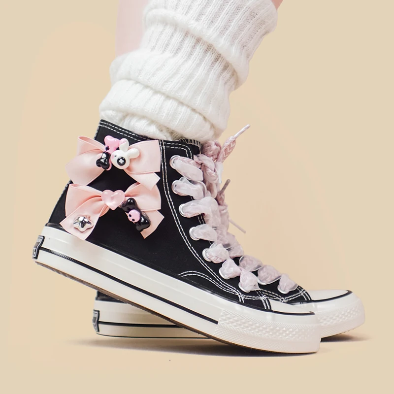 Amy and Michael Kawaii Shoes Lovely Girls Students Black High Top Canvas Shoes Female Casual Flat Sneakers Big Size Women Shoes