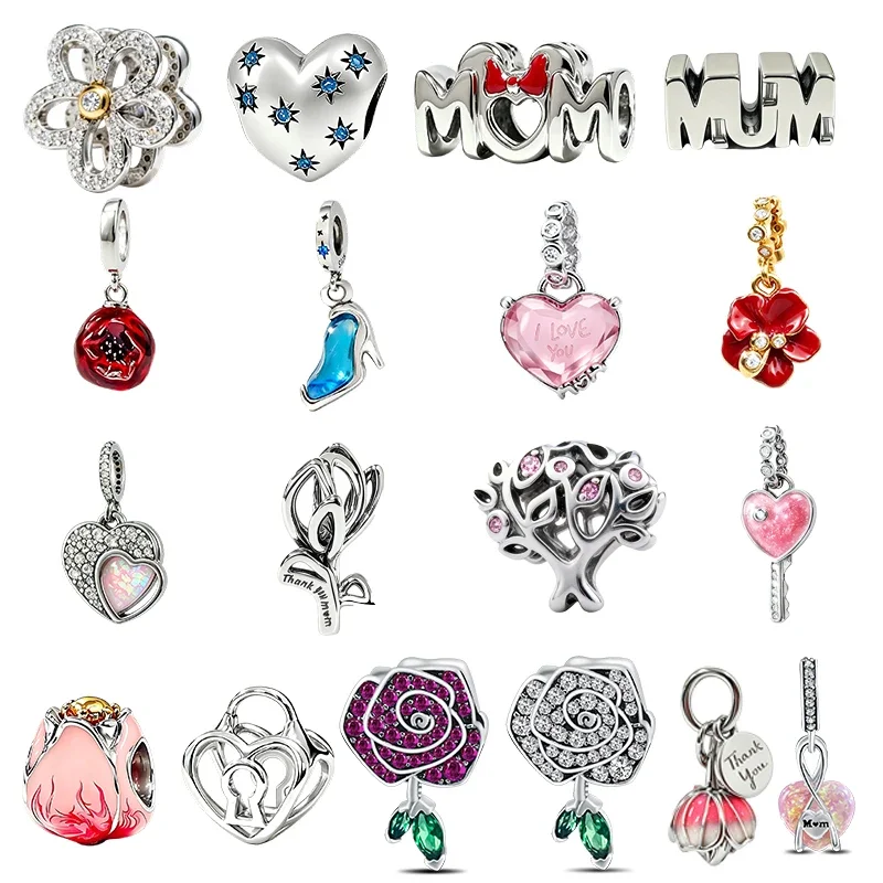 925 Sterling Silver Red Rose Charms Beads Fit Original Bracelet Bag Keychain Earring Charms Beads Pendant Diy Women Jewelry Gift