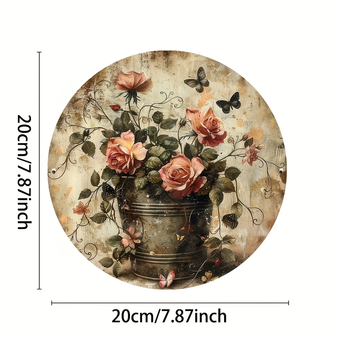 **Vintage Blush Roses and Butterflies Metal Round Sign**