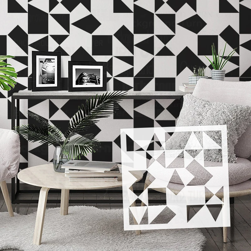 50cm - 60cm Stencil For Wall Decor Large Painting Paint On The Furniture Template Niche Sideboard Accent Cabinet Geometric S080