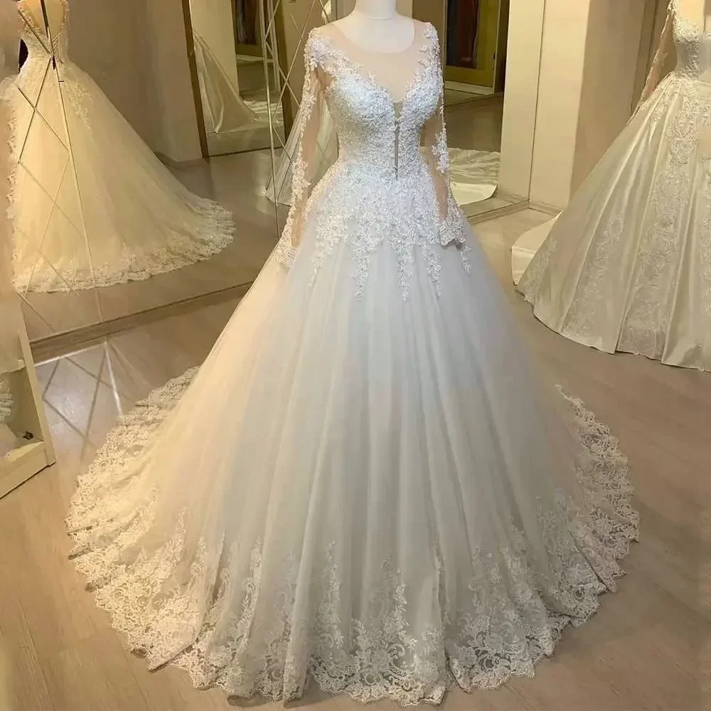 Customized  Scoop Lace Appliques A-Line Wedding Dresses Robe De Mariée Sweep Tran Illsion Long Sleeves Real Photo Bridal Gown