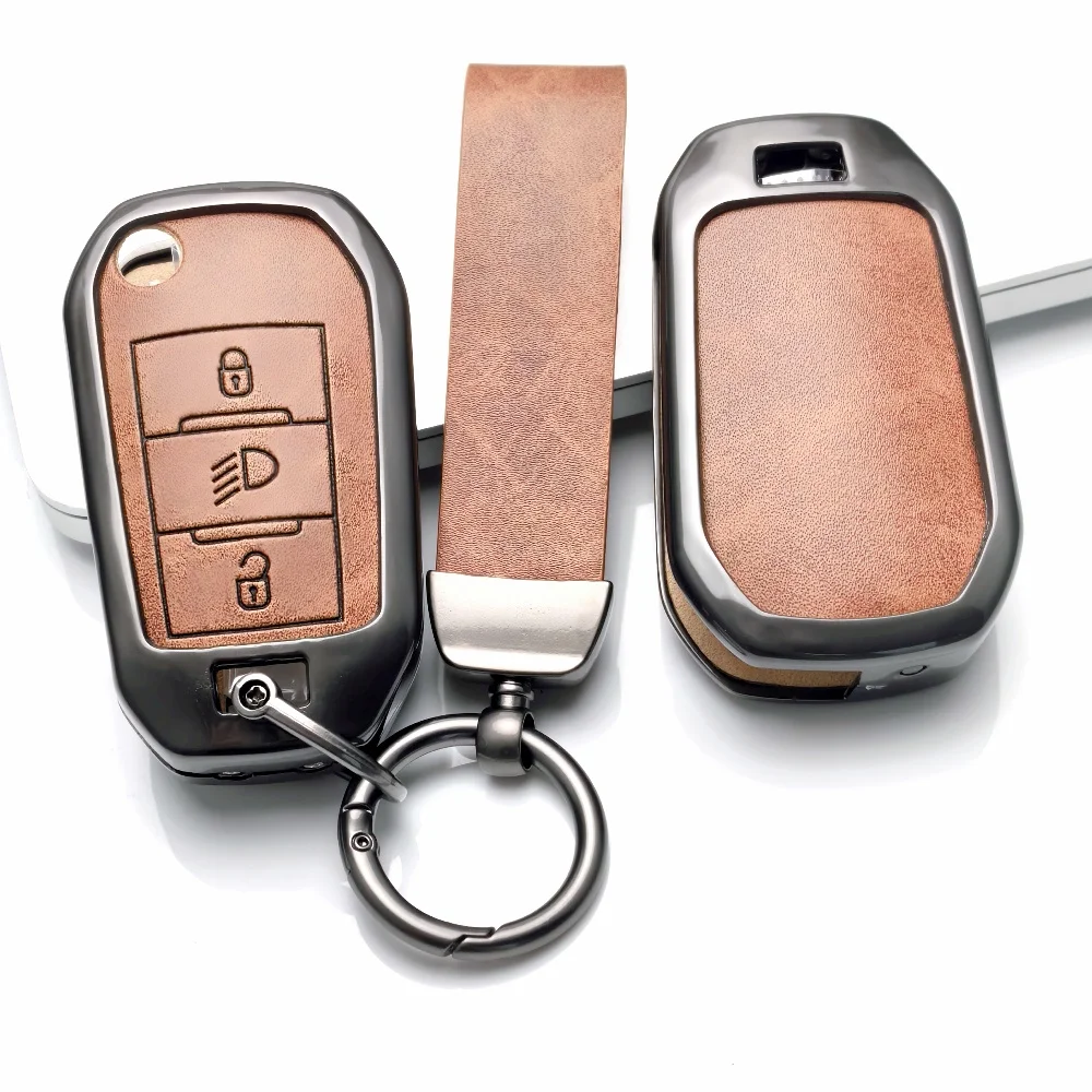 Capa de Chave de Carro em Liga de Zinco e Couro para Citroen C5 C3 C4 C8 Berlingo e Peugeot Partner Rifter 208 308 508 407 2008 3008