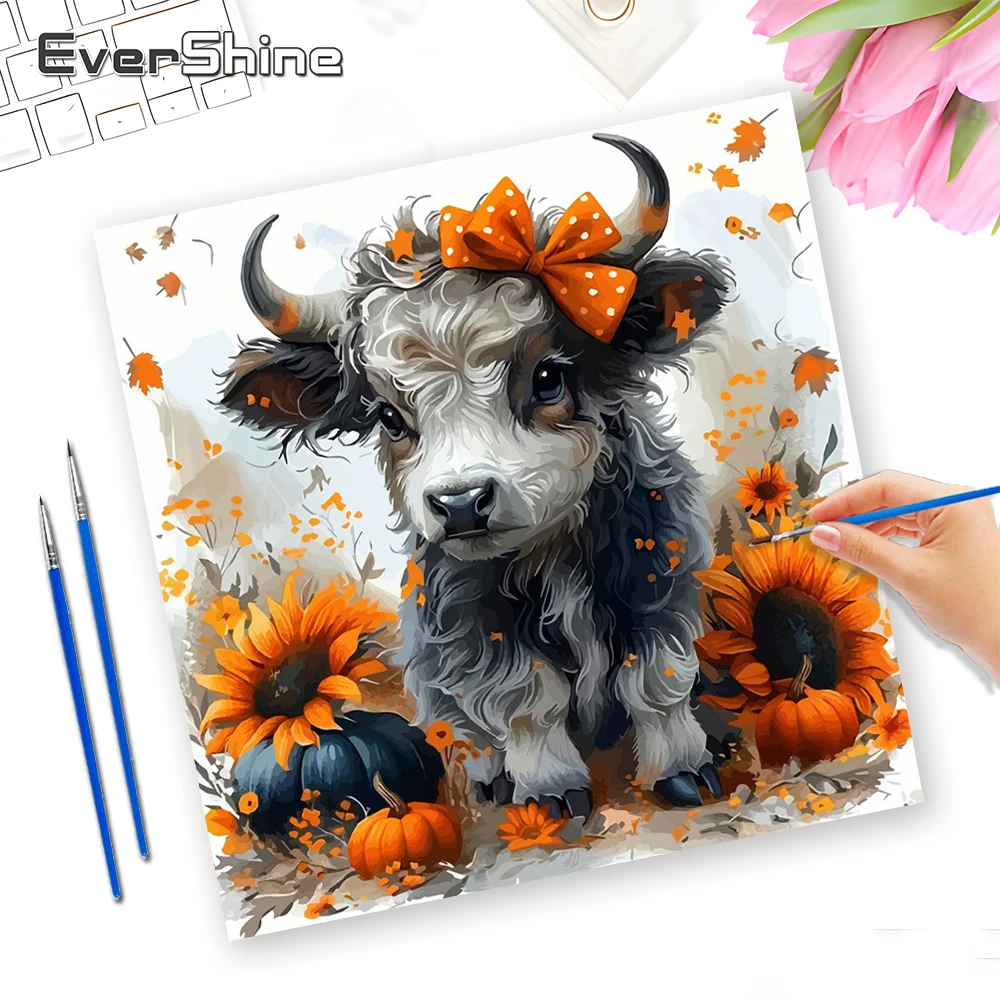 Evershine Malen nach Zahlen Set Tier Digitales Ölgemälde Kuh Handgemaltes Gemälde Kunst Sonnenblume Wanddekoration