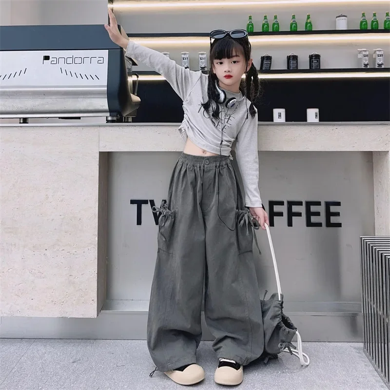 Girls Pants 2024 Autumn New Childrens Clothing Foreign Style American Style Cargo Wide-leg Pants Casual Simple and Daily image 4