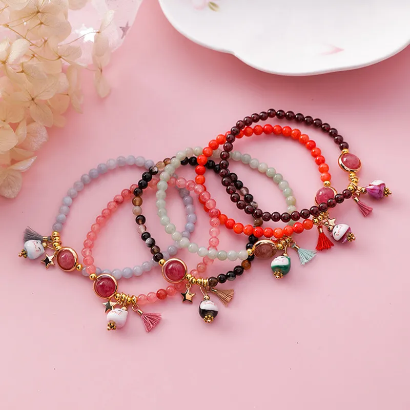 Doreen Box New Simple Hand-knitted Kawaii Ceramic Cat Charm Rope Bracelets Tassel Beads For Women Japanese Style Fashion Jewelry