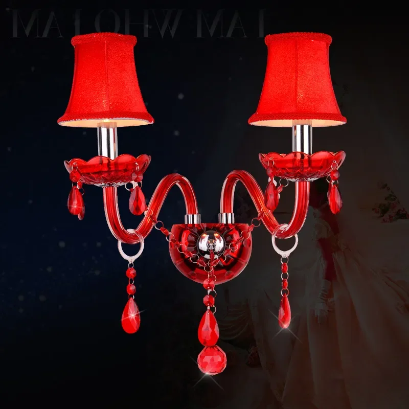 European Red Crystal Wall Lamp for Bedroom Living Room Bar KTV Corridor Aisle Dining Room Wedding Banquet Decorative Lighting