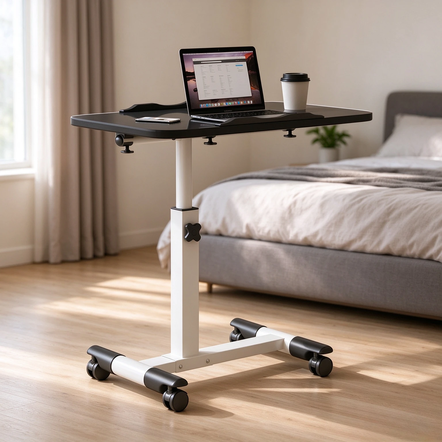 Bedside Laptop Desk with Adjustable Height, Rotating Foldable Top, Two Anti-Slip Stops, Slide-Under Legs, Scratch-Resistant Top