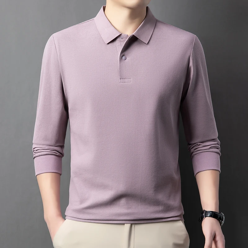 High Quality 100% Mercerized Cotton Polos 2025 Spring Classic Solid Business Tops Office Male Long Sleeve Pure Cotton Polo Shirt