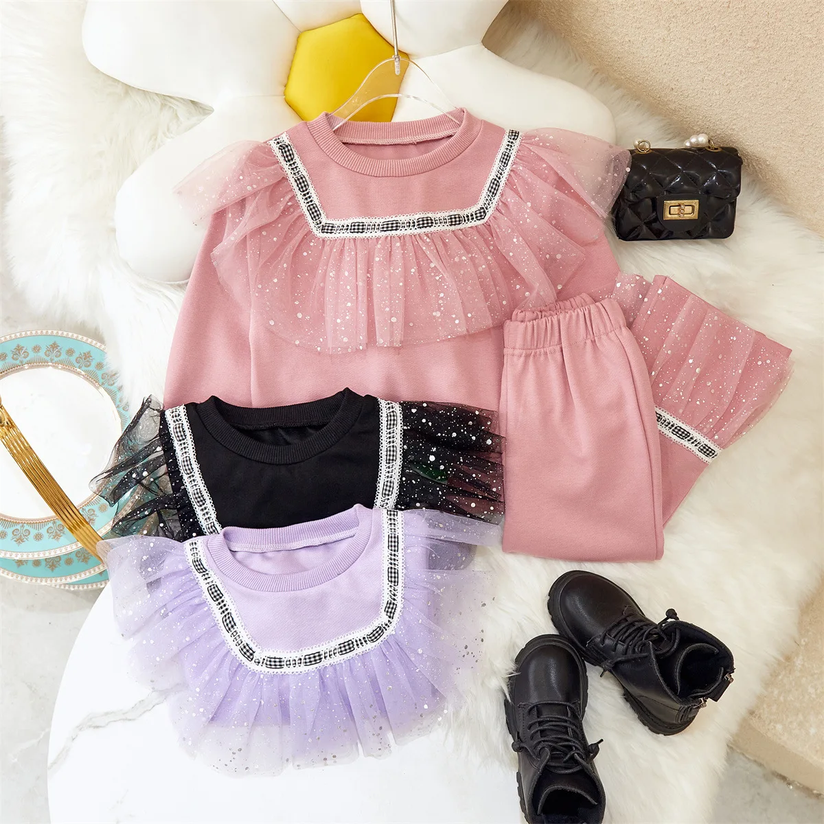 

Childrens Sets Clothing Girls Fashionable Tide Spring New Sweater Wide Leg Pants Two Piece Set Round Collar Soild Cotton