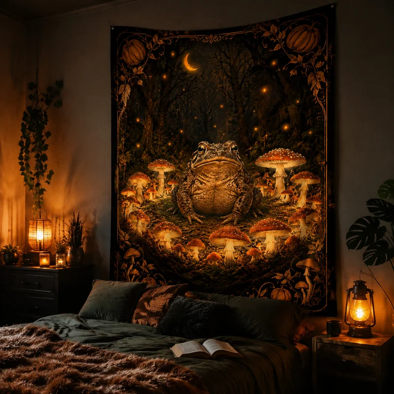 VIKAMA Witch's Cottage Tapestry, Vintage Haunted House Dark Living Room Dorm Decor, Aesthetic Photography Backdrop