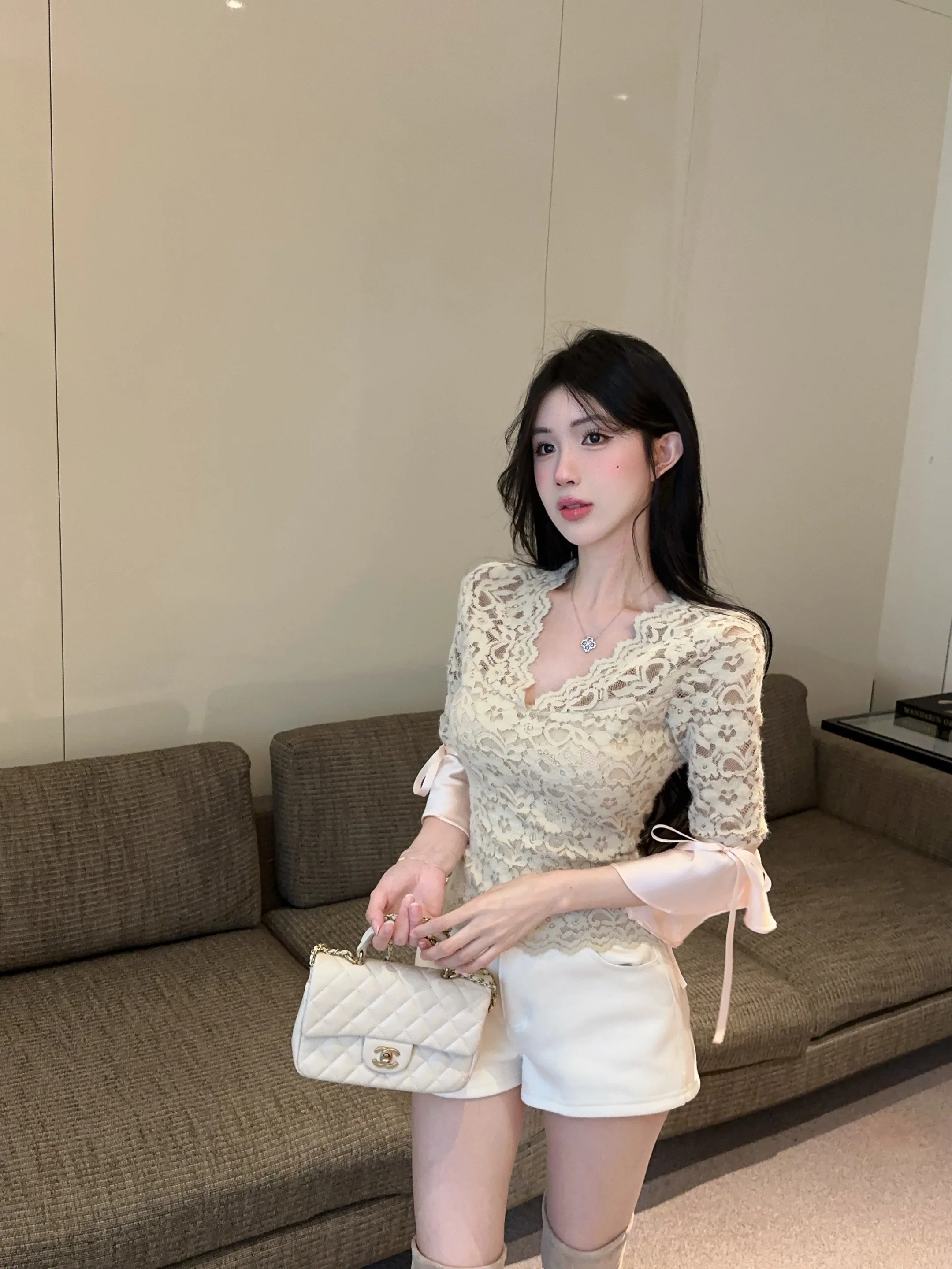Korean Fashion Women Lace Shirt Flare Sleeve Crochet Blouse Spring Summer Sweet V Neck Slim Lady Tops