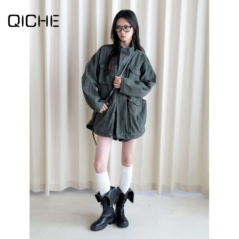 QICHE 2026 Women Japanese Workwear Style Stand Collar Army Green Heavy Washed Loose Jacket Multi Pocket Outerwear Autumn