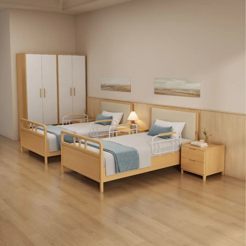 Age-friendly protective bed, electric multifunctional solid wood bed, community elderly care bed made entirely of mortise