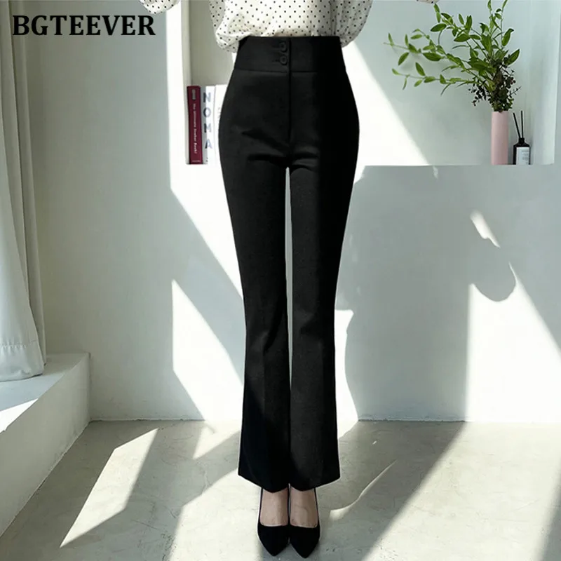 BGTEEVER Stylish High Waist Thick Ladies Flare Pants Double-buttons Autumn Winter Warm Women Woolen Pants