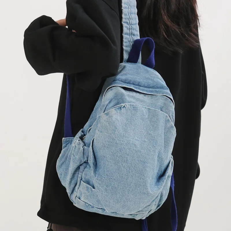 Female High Street Fashion Denim Fabric Simple Daily Backpack Fashionable And Versatile Schoolbag Casual Travel Bagpack