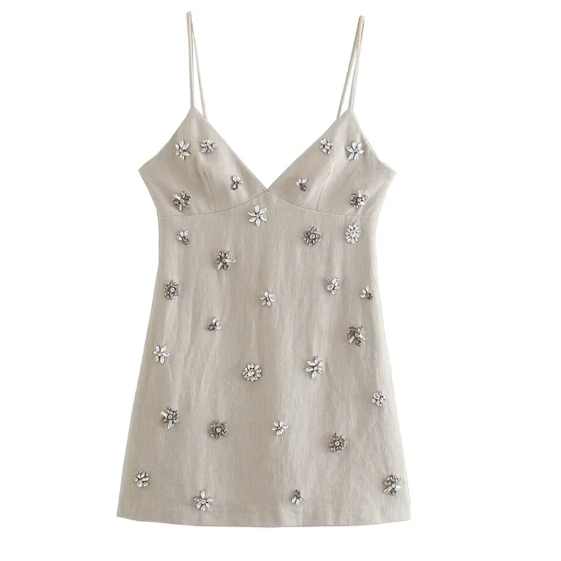 Rhinestone Sleeveless Slip Dress Summer Backless Short Dresses Women Sexy Vacation Party Dresses Beach Elegant Mini Dress