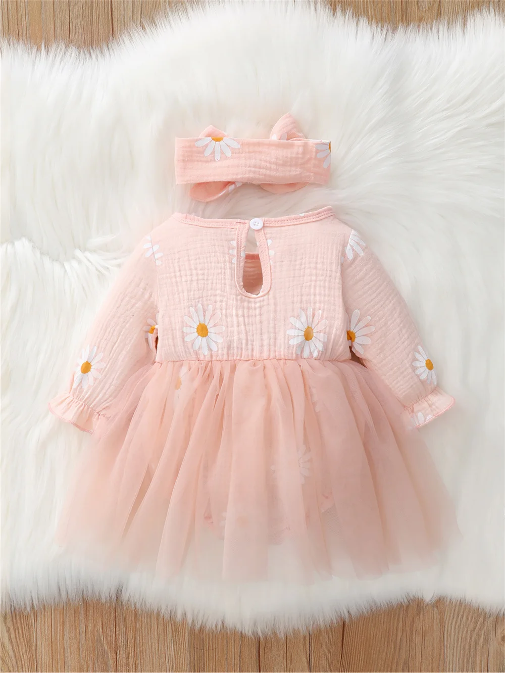 Newborn Baby Girls Cute Daisy Floral Long Sleeves Tulle Patchwork Bodysuit Holiday Party Pink Princess Dress