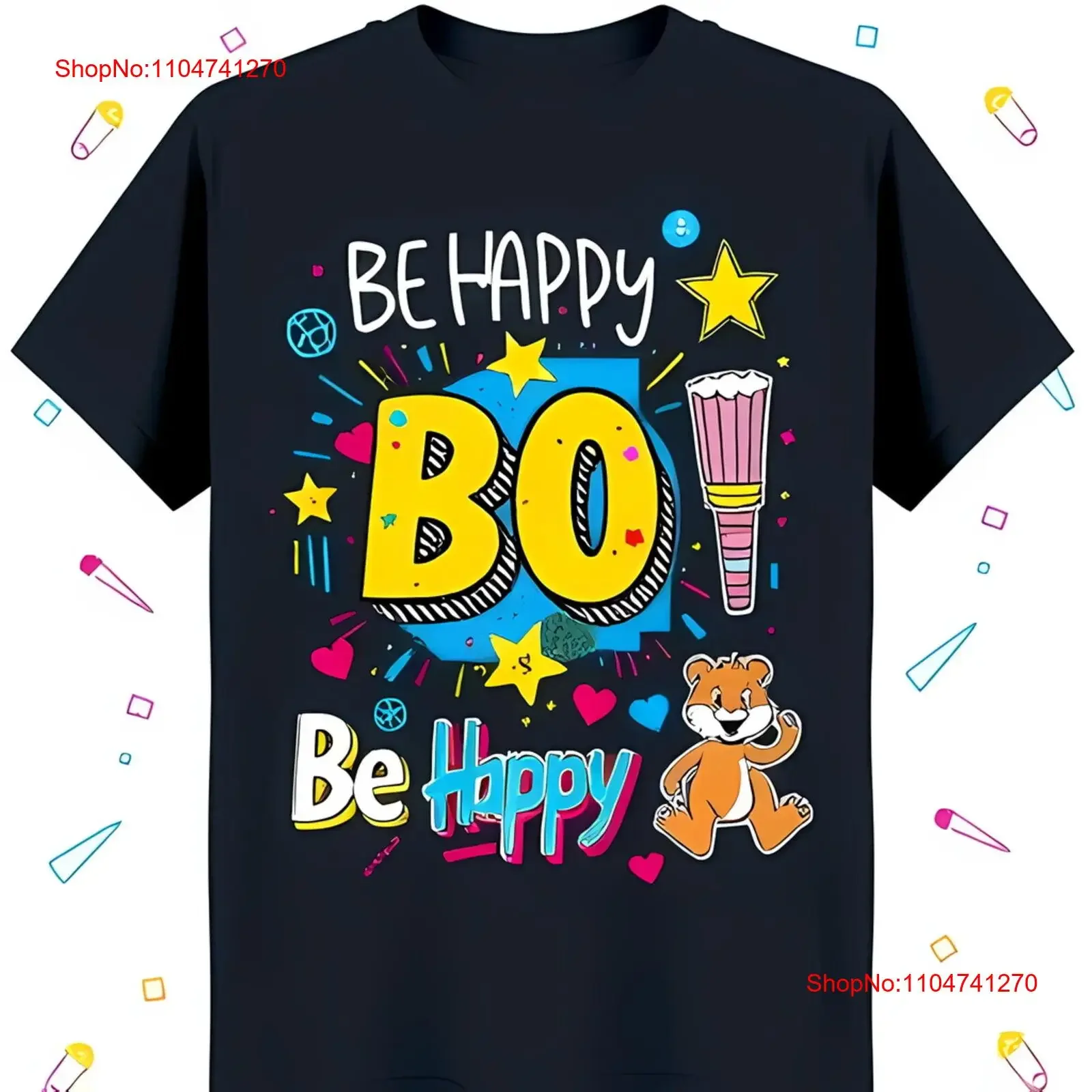 

Colorful 'Be Happy' Black T Shirt with Fun Shapes vintage Washed Casual streetwear Stretched Versatile Stylish