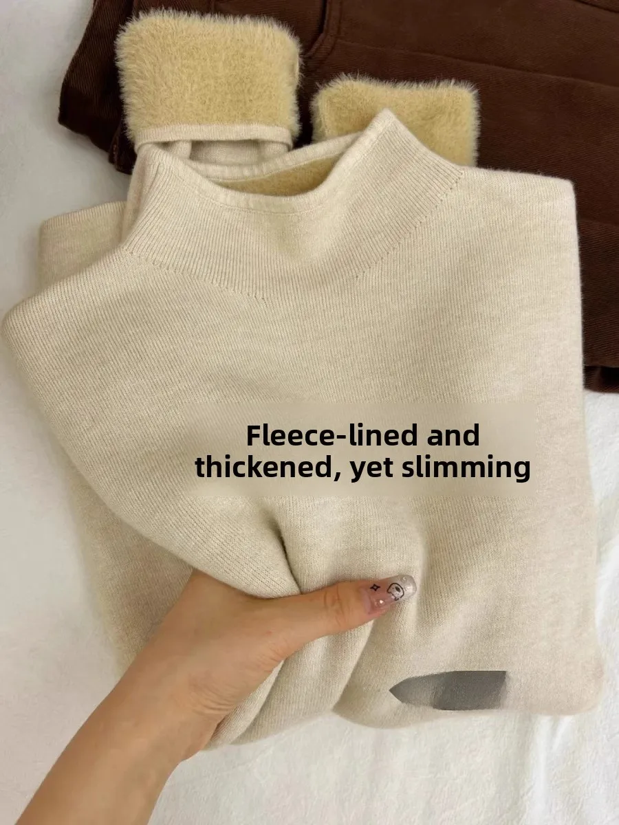 

Thiened Knitted Fce Women's Sweater Autumn Winter One-Piece Mink Velvet f High Collar Long Sve Warm Base irt Top