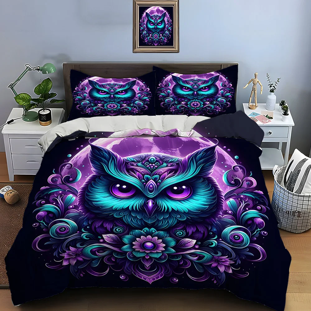 Fantasy Purple Owl Kunstdruck, weicher, bequemer Bettbezug, Bettwäsche-Set, inklusive 1 x Bettbezug, 2 x Kissenbezüge, Luxus-Geschenke
