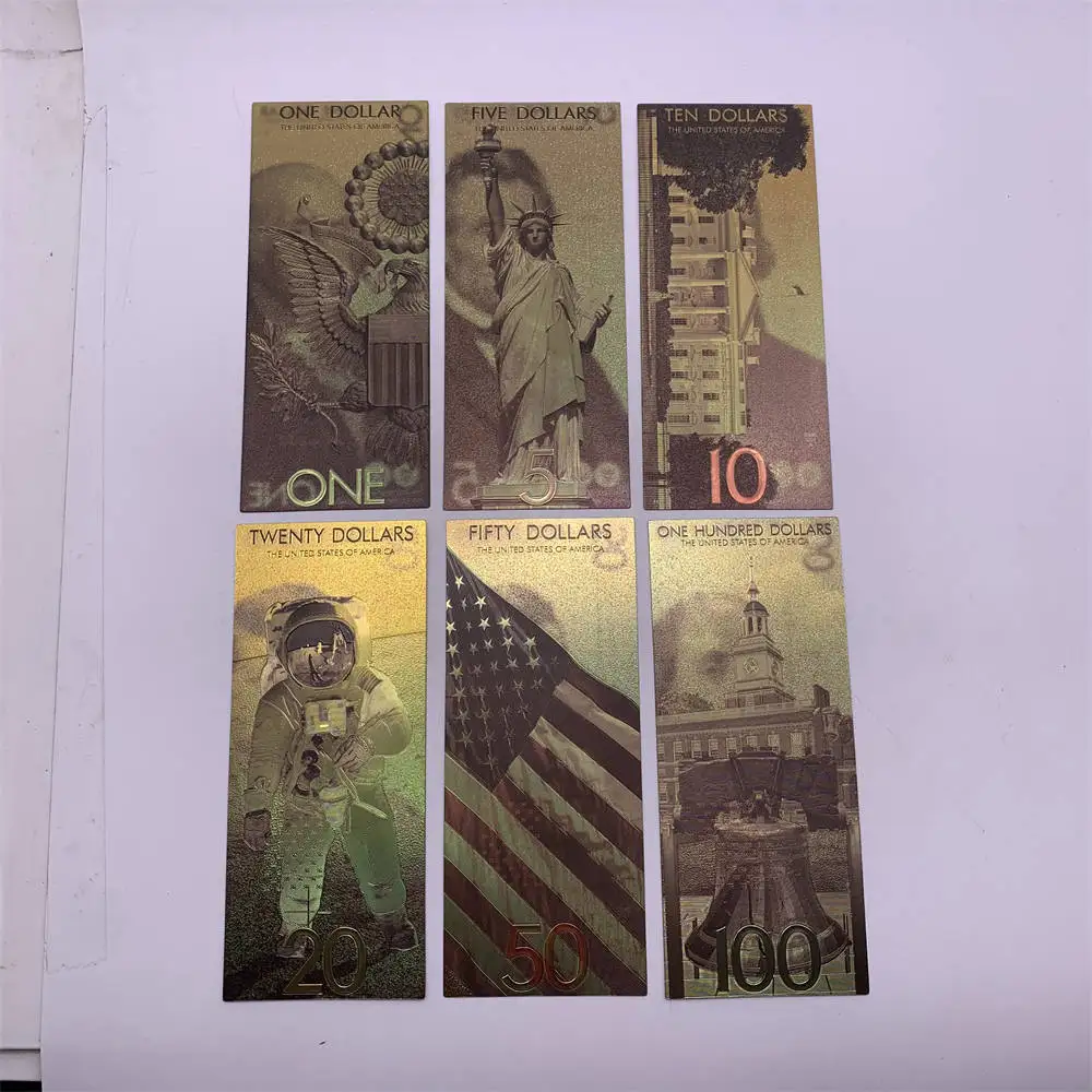 أوراق نقدية تذكارية برقائق ذهبية ، جمع فواتير الدولار ، دولار واحد ، 5 دولارات ، 10 دولارات ، 20 دولارًا ، 50 دولارًا ، دولار أمريكي ، أمريكي ، رئاسي ، 6 الكثير