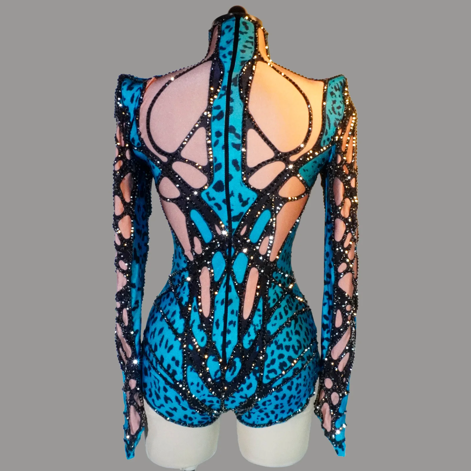 Blue Color Block Sparkly Rhinestone Turtleneck Long Sleeve Sexy Bodysuit Drag Queen Party Bar Stage Performance Costume view 3