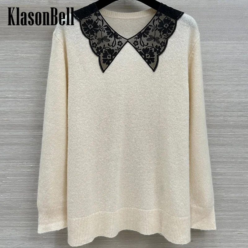 

7.24 KlasonBell Women Contrast Color Lace Collar Knitwear Soft Cashmere Comfortable Pullover Sweater 2024 New