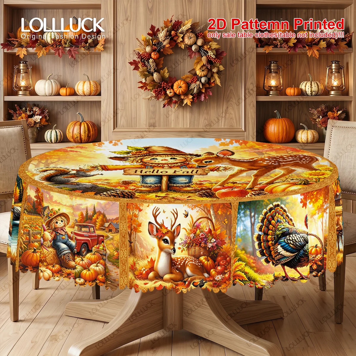 1 piece, autumn harvest theme party tablecloth, Thanksgiving deer turkey squirrel pumpkin apple strawzyc
