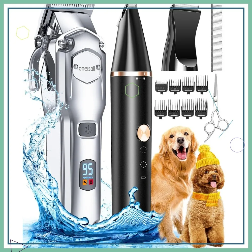 Low Noise Dog Grooming Kit for Heavy Thick Hair, Cordless Rechargeable Clippers with Stainless Steel Blade & Paw Trimmer