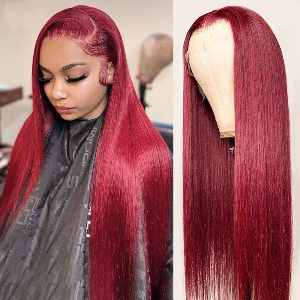 Burgundy Straight Lace Front 100% Human Hair 200 Density 13x4 13x6 HD Lace Frontal Wig 36 Inch For Women 99J Colored