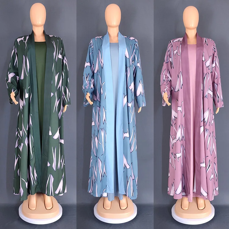 

African Dresses for Women Print 2 Pieces Set Open Abaya With Inner Dress Summer Turkey Elegant Muslim Abayas Islamic Clothing