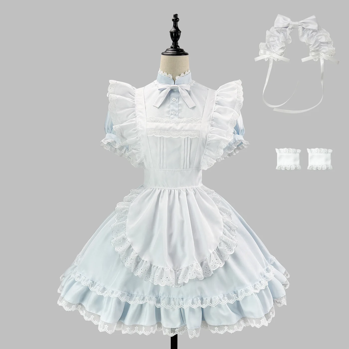 

Alice in Wonderland Cosplay Costume Light Blue Lolita Maid Dress with Lace Apron and Accessories for Women Halloween Party