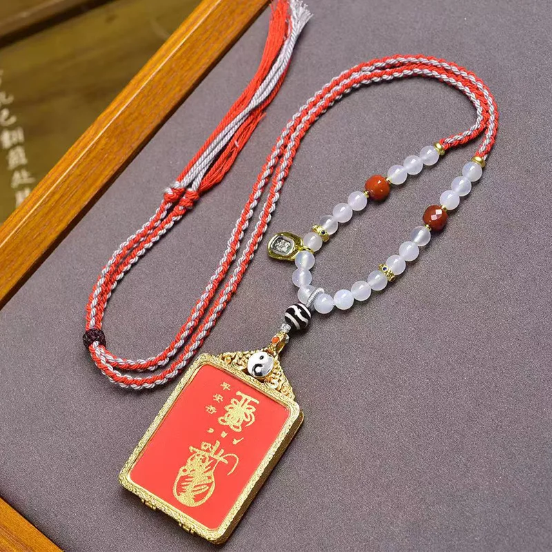 

Peace Amulet Thangka Pendant Sweater Chain Agate Dzi Bead Copper Clip Accessory Handmade Braided Rope Necklace