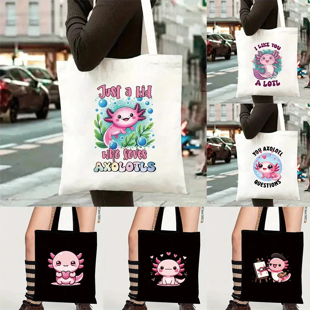 Lindo bolso de mano con estampado de Axolotl para mujer, bolso de lona con correa fija para el hombro, bolso de lona de moda para escuela y compras