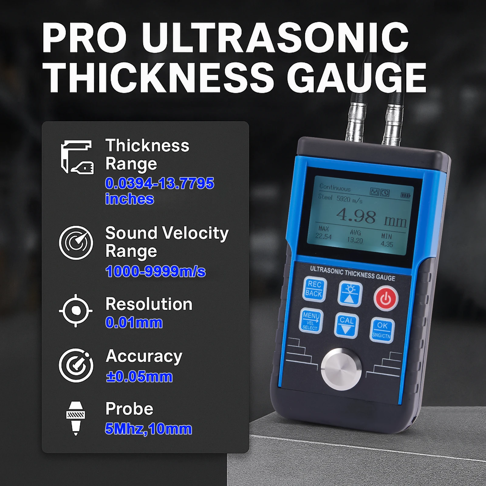 Ultrasonic Thickness Gauge 0.8-500mm High Accuracy ±0.05mm with 5MHz φ10mm Probe, 0.01mm Resolution Digital Wall Thickness Meter