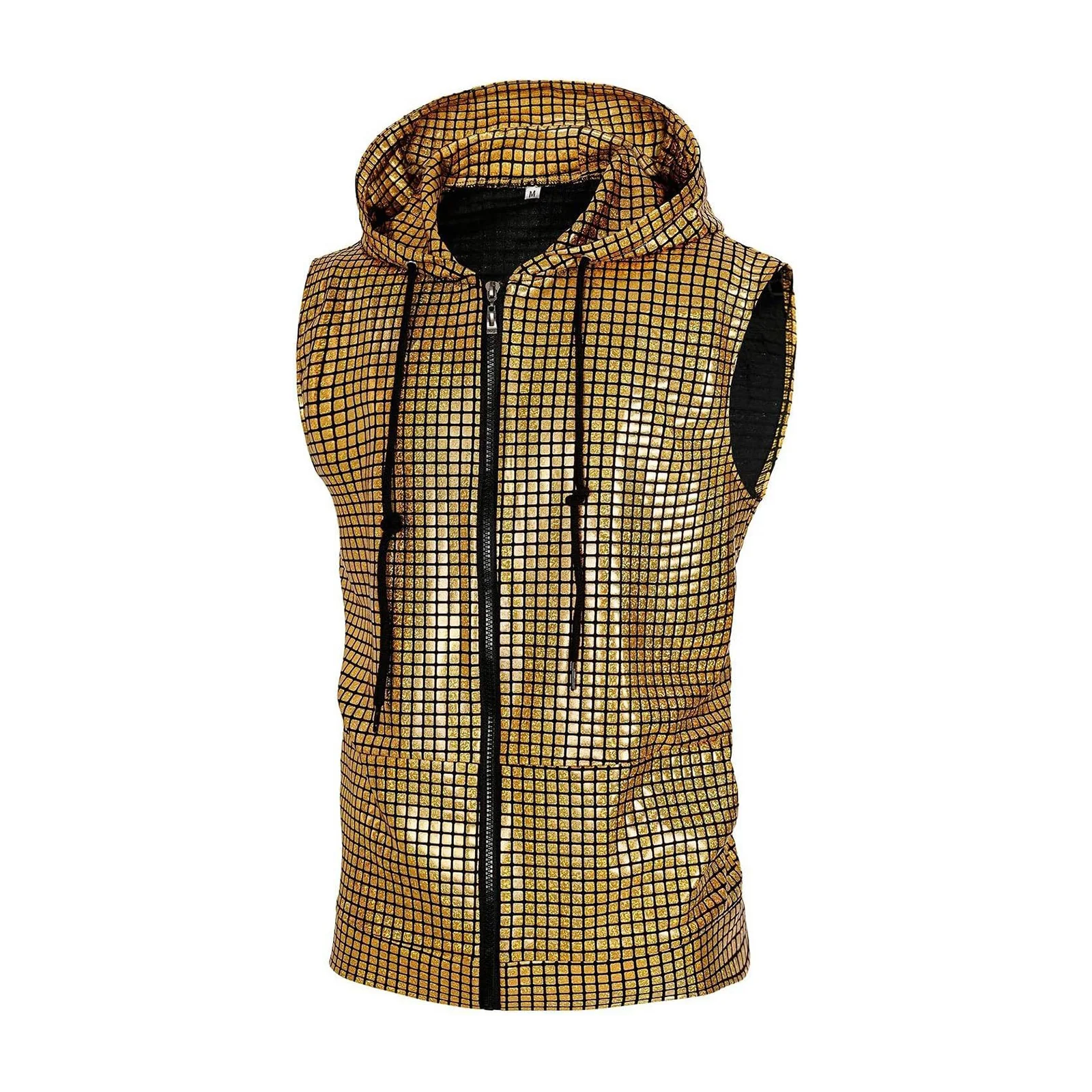 

Men Fashion Metallic Plaid Hoodie Sleeveless Zipper Drawstring Hooded T-shirt For Disco Party Rave Club Music Festival