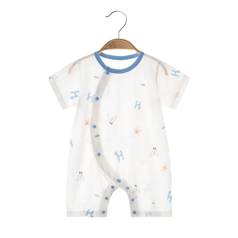 

Baby Jumpsuit Summer Ultra-Thin Short-Sleeved Baby Side Opening Buckle Pure Cotton Rompers Children's Air Conditioning Room Clot