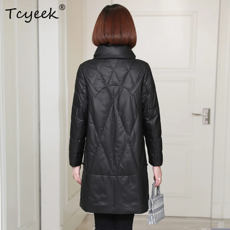 Tcyeek Echtes Schaffell Weiße Entendaunen Herbst Winter Stehkragen Schwarze Damen-Echtlederjacke Ж Ett Projektow Mohamed Ndculo