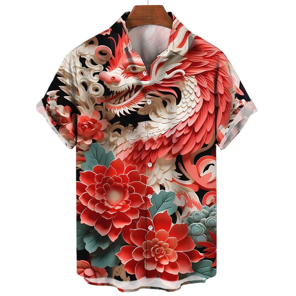 2024 China Dragon Men\'s 3d Printed Shirt Street Hawaiian Shirt Men\'s Daily T-shirt Animal Wolf Casual Shirt Men\'s Fashion Men\'s