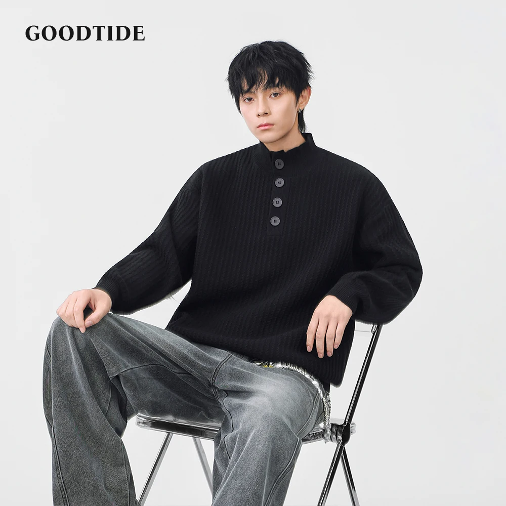 Fashion Men's Casual Mock Neck Sweater 2025 Winter New Waffle Knit Pullover Button Placket Soft Long Sleeve Jumper Top