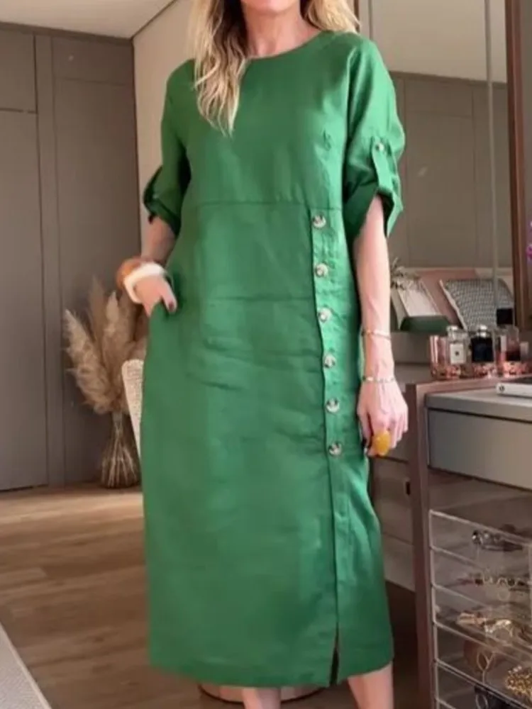 

2025 New Cotton Linen Women Long Dress Solid Color Pocket O-neck Elegant Dresses Female Summer Casual Loose Fashion Clothes Lady