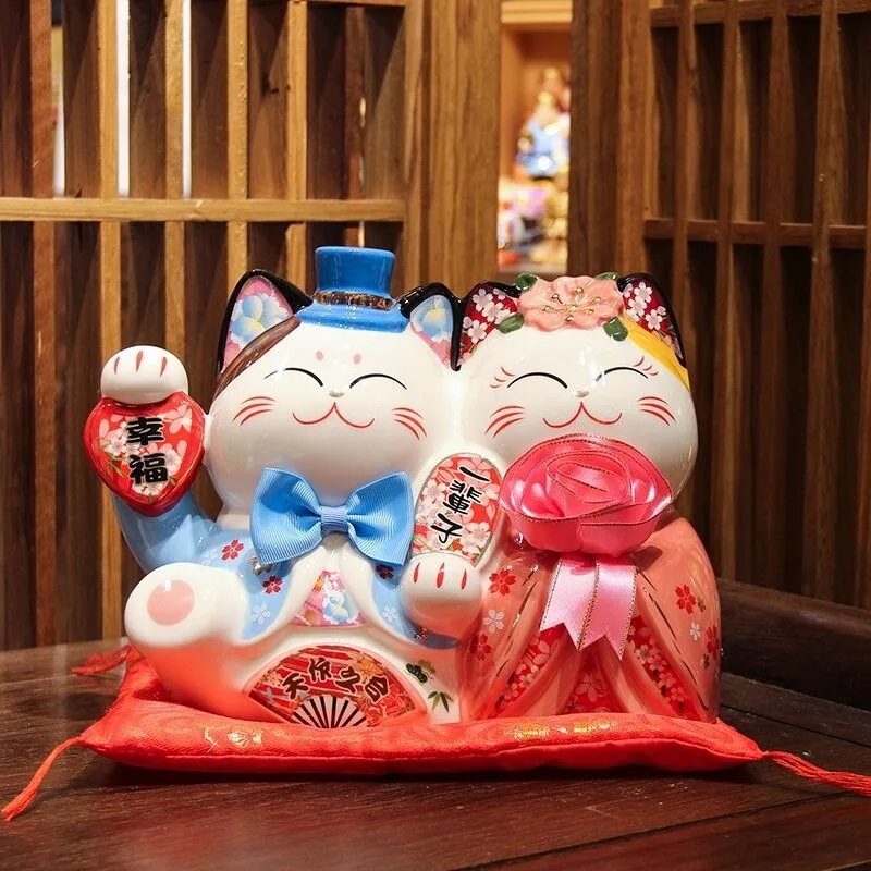 Lucky Cat Decoration Feng Shui Fortune Cat Ceramic Electric Wave Hand Treasure Shop Gift Good Luck Home Festive Craft