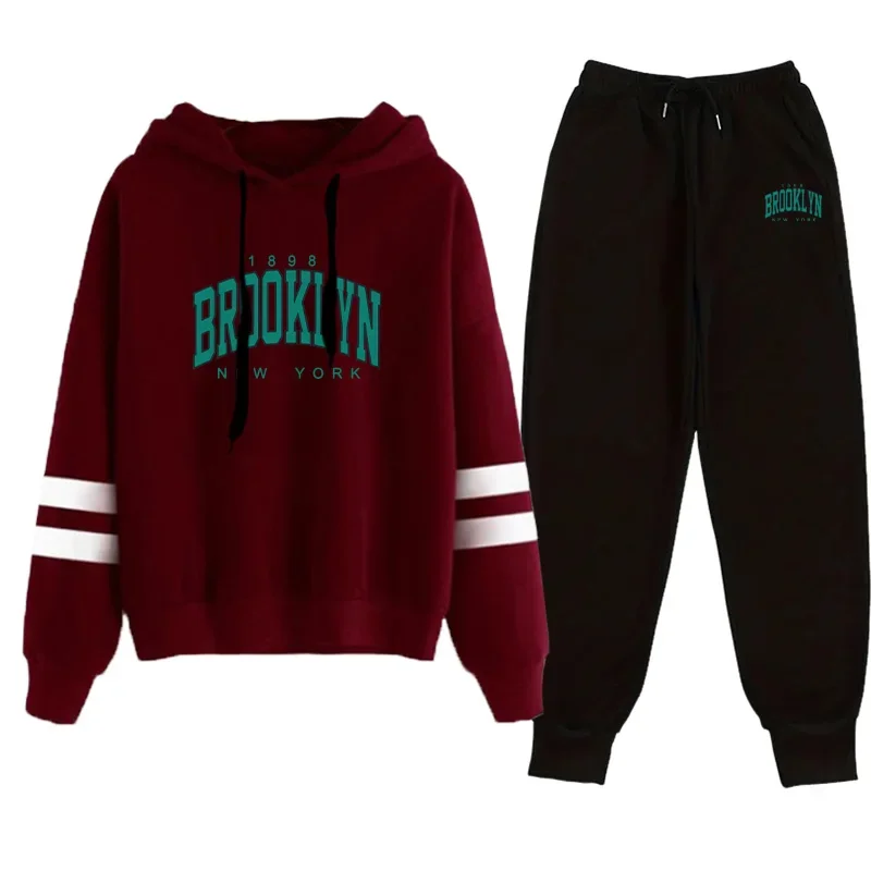 Setelan Olahraga Wanita Motif Kasual Sweatshirt Jogging Pakaian Wanita Musim Gugur-Dingin Pakaian Olahraga Jalanan Hoodie Celana Satu Potong