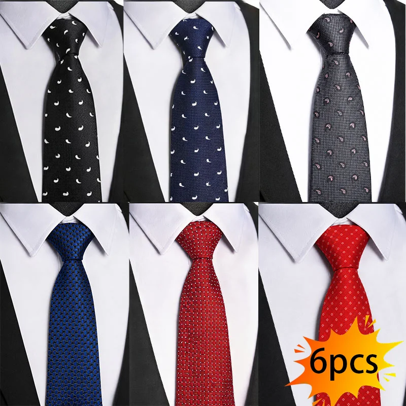 6pcs Men's Handmade Narrow Neckties 7.5cm ( 2.95inch ) Polyester Black Red Blue Paisley Polka Dot Business Wedding Exhibition Suit Accessories
