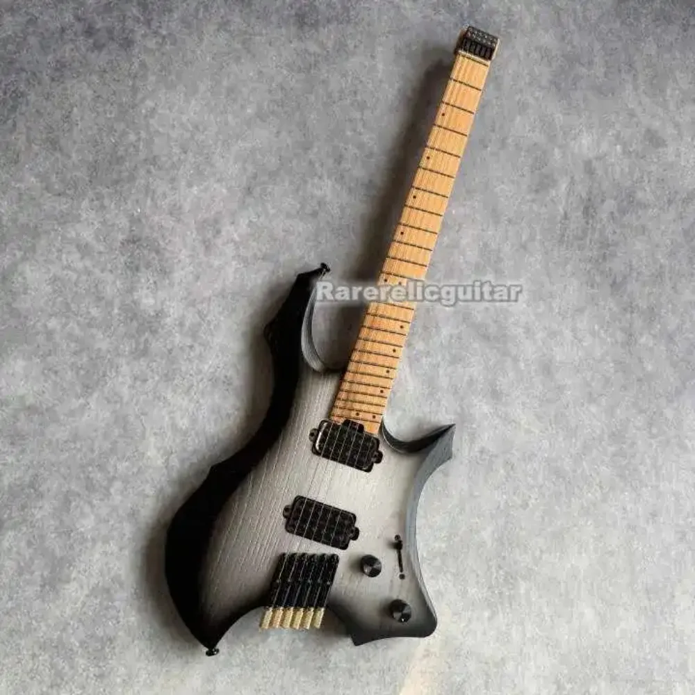 Headless Black Electric Guitar Roasted Ash Body Roasted Maple Neck Stainless Steel Frets Dual Humbucker Pickups Brass Bridge